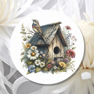 Sticker Rond Jolie aquarelle Rustique Birdhouse et Bird