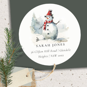 Sticker Rond Jolie Aquarelle Snowman Adresse de Noël
