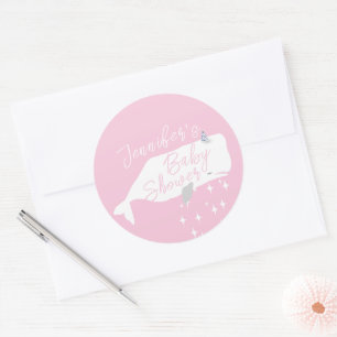 Sticker Rond Jolie baleine blanche fille Baby shower rose