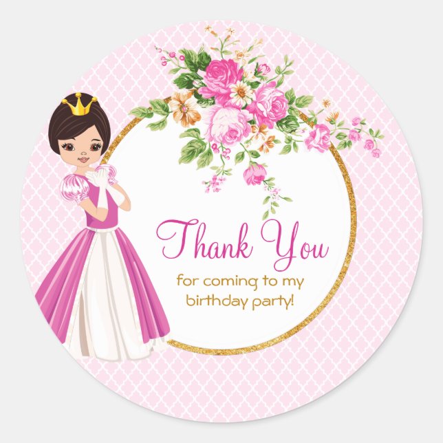 Sticker Rond Jolie Brunette Princesse Merci d'anniversaire (Devant)