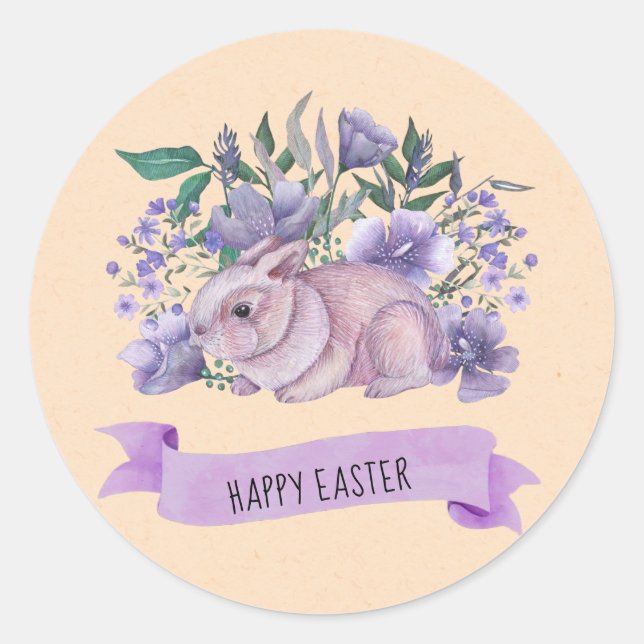 Sticker Rond Jolie Bunny Flore violet de lapin Joyeux Napkins d (Devant)