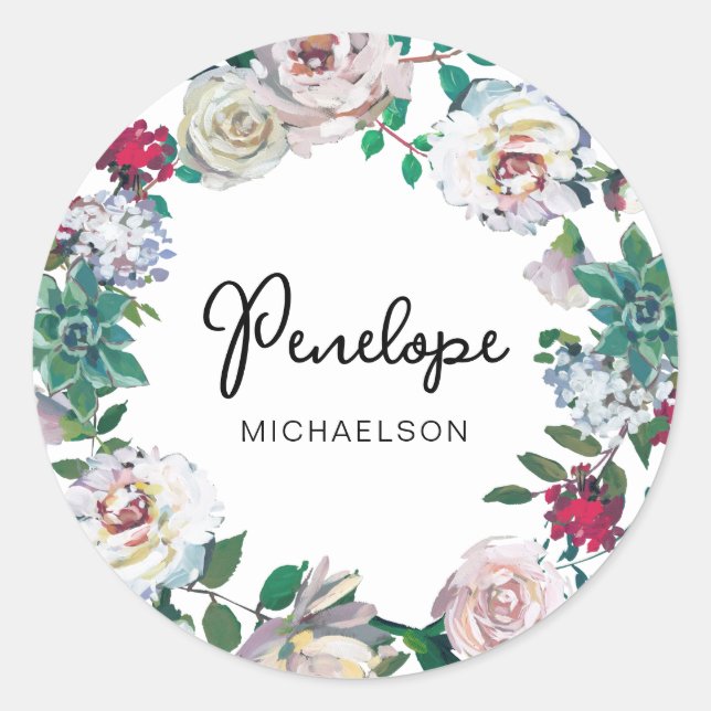 Sticker Rond Jolie couronne florale succulente botanique avec n (Devant)