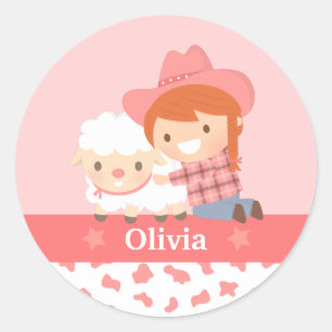 Sticker Rond Jolie cowgirl heureuse avec un agneau pour les fil