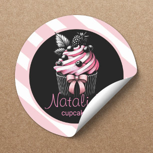 Sticker Rond Jolie Cupcake Boulangerie Sucrée Fille Rose Rayure