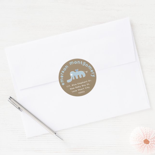 Sticker Rond Jolie éléphant bleu Adresse de retour pour la nais (Enveloppe)