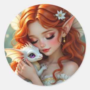 Sticker Rond Jolie fée aux cheveux roux avec dragon 