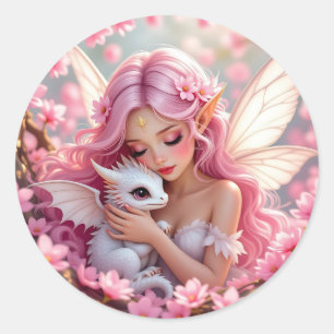 Sticker Rond Jolie fée elfe rose et dragon 