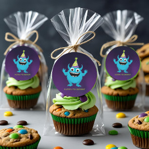 Sticker Rond Jolie fête d'anniversaire au monstre bleu