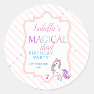 Sticker Rond Jolie Fête d'Anniversaire de Licorne Magique Rose