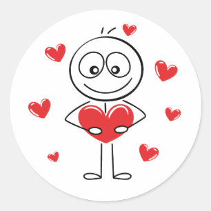 Sticker Rond Jolie Figurine Bâton Tenant un Cœur 