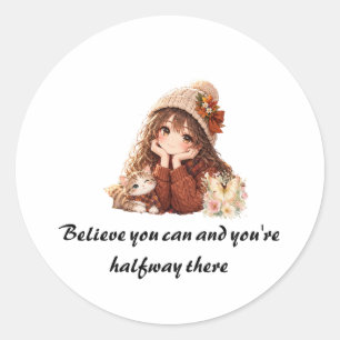 Sticker Rond • Jolie fille anime d'automne et citation motivati