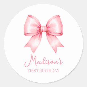 Sticker Rond Jolie Fille au Nœud Rose pour son Premier Annivers