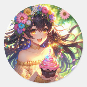 Sticker Rond Jolie fille d'anniversaire Anime