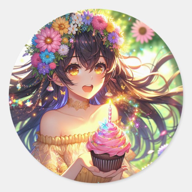 Sticker Rond Jolie fille d'anniversaire Anime (Devant)