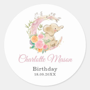Sticker Rond Jolie Fille Éléphant Lune Florale Rose Anniversair