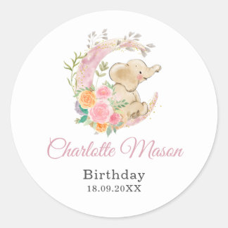 Sticker Rond Jolie Fille Éléphant Lune Florale Rose Anniversair