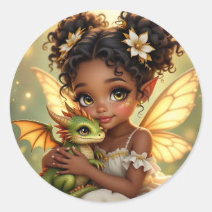 Sticker Rond Jolie Fille Fée d'Anime et Dragon Chibi