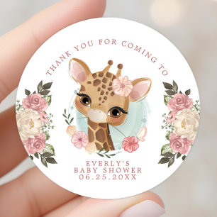 Sticker Rond Jolie Fille Girafe Florale Baby Shower Merci