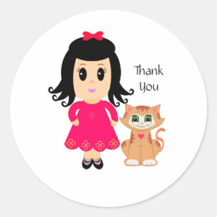 Sticker Rond Jolie fille rose et chat roux Merci