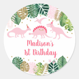 Sticker Rond Jolie fille rose et or Dinosaur Anniversaire