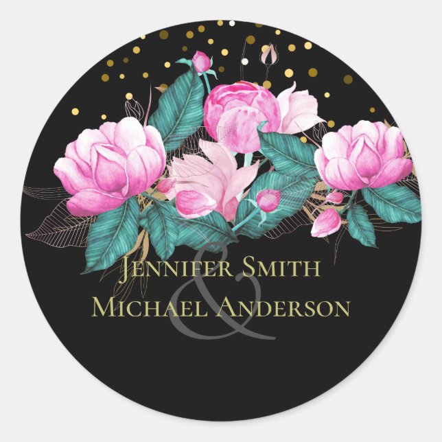 Sticker Rond Jolie fille rose Mariage d'or noir (Devant)
