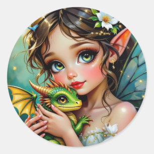 Sticker Rond Jolie fille thème fée et dragon  