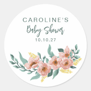 Sticker Rond Jolie Fleur de Sauge Menthe Rose Fête de Naissance