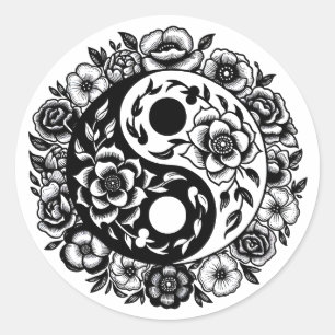 Sticker Rond Jolie florale noire et blanche Yin Yang