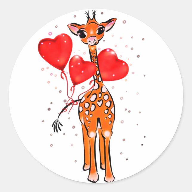 Sticker Rond Jolie girafe de Saint-Valentin avec ballons de coe (Devant)