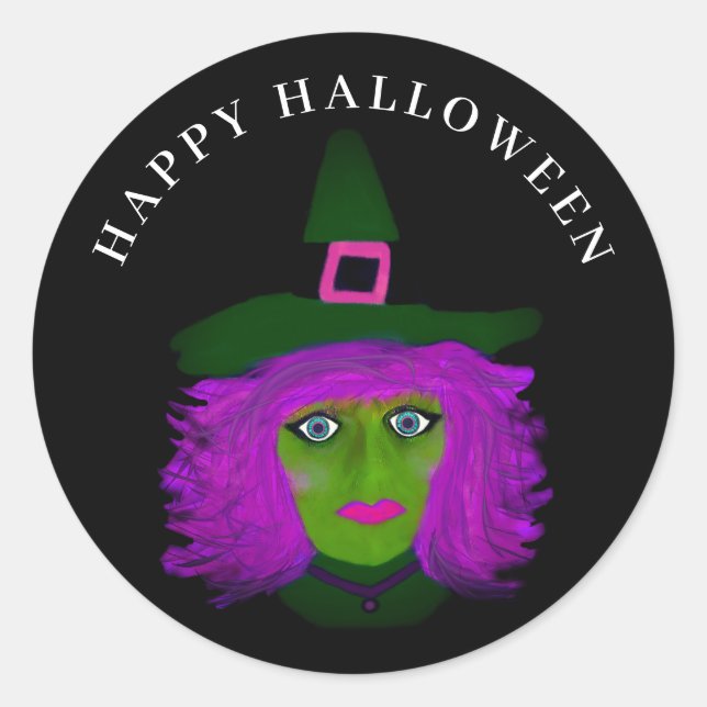 Sticker Rond Jolie Glam Halloween sorcière Noir pourpre (Devant)