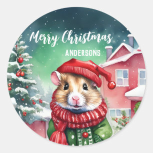 Sticker Rond Jolie Hamster Noël arbre anniversaire fête de neig