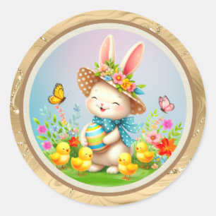 Sticker Rond Jolie Lapin de Pâques et joyeux Fleurs de Printemp