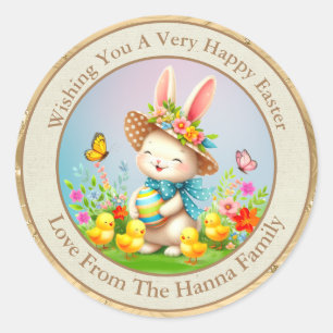 Sticker Rond Jolie Lapin de Pâques et joyeux Fleurs de Printemp