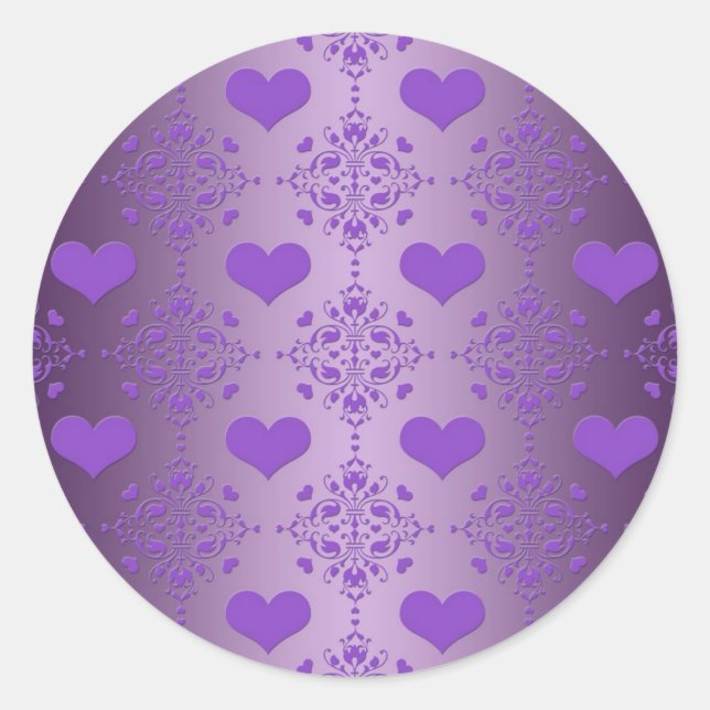 Sticker Rond Jolie Lavande Purple Hearts Damask (Devant)
