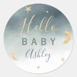 Sticker Rond Jolie lune d'or étoiles bleu baby shower d'aquarel