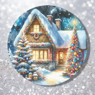 Sticker Rond Jolie maison décorée dans un décor de Noël festif