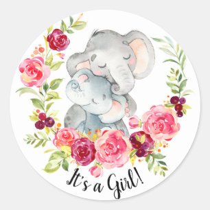 Sticker Rond Jolie maman et bébé éléphant C'est une fille Favor