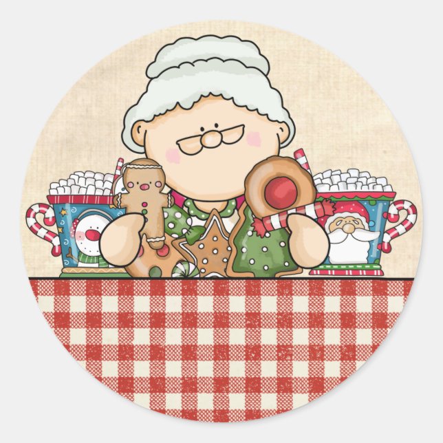 Sticker Rond Jolie Mme Claus & Cookies Enveloppe de Noël Phoque (Devant)