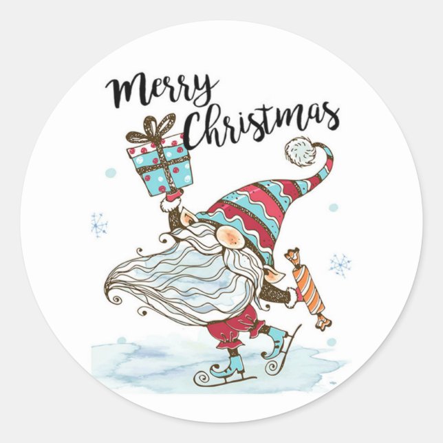 Sticker Rond Jolie Noël Gnome Patinage sur glace (Devant)