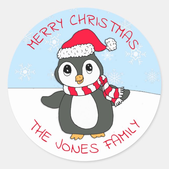 Sticker Rond Jolie Noël Pingouin Snowflakes Fêtes (Devant)