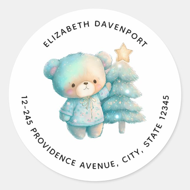 Sticker Rond Jolie Ours et Arbre de Noël Adresse de vacances (Devant)