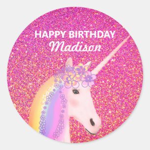 Sticker Rond Jolie Parties scintillant rose Anniversaire Unicor