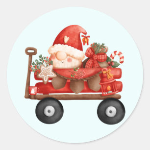 Sticker Rond Jolie Père Noël Gnome de Noël sur un Wagon de pays