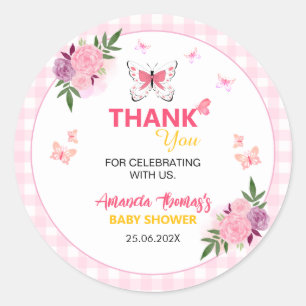 Sticker Rond Jolie petite Baby Shower papillon rose Merci
