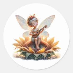 Sticker Rond Jolie petite fée sur tournesol avec Ukulele