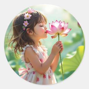 Sticker Rond Jolie petite fille sentant une rose rose