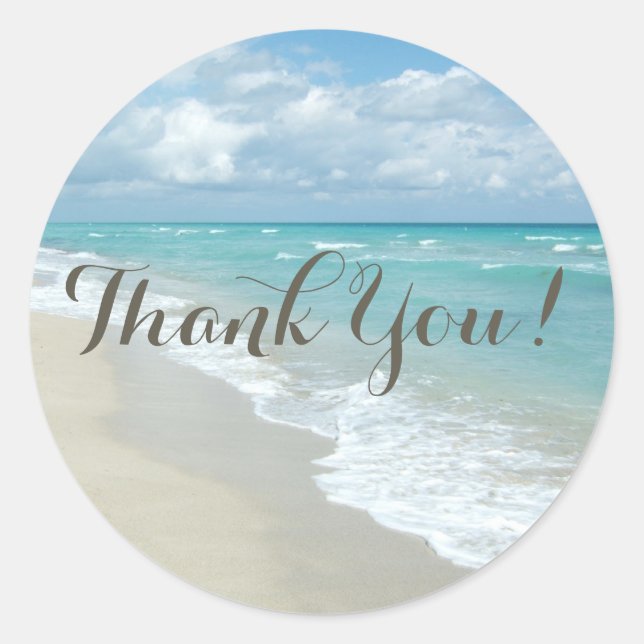 Sticker Rond Jolie plage de sable blanc/Merci Mariage (Devant)