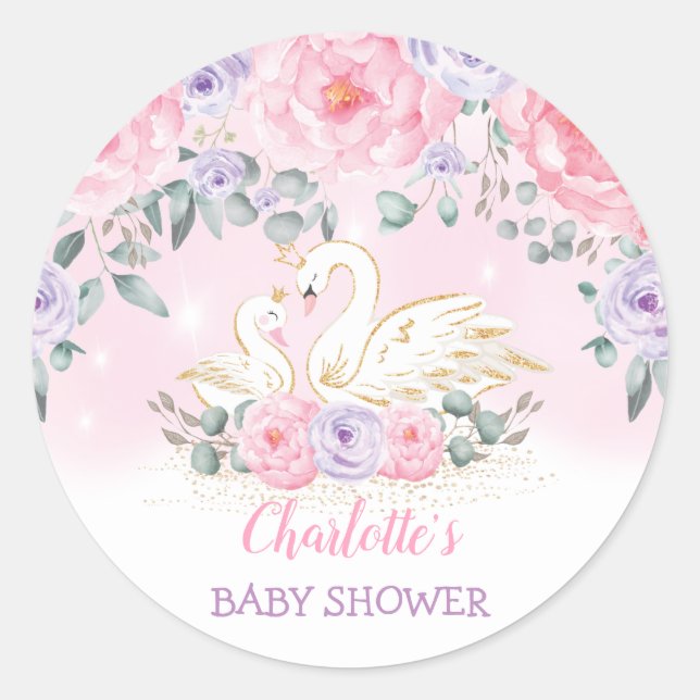 Sticker Rond Jolie princesse de cygne violet rose florale Faveu (Devant)