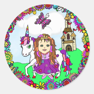 Sticker Rond Jolie princesse et château Unicorn