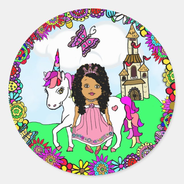 Sticker Rond Jolie princesse ethnique et château Unicorn (Devant)